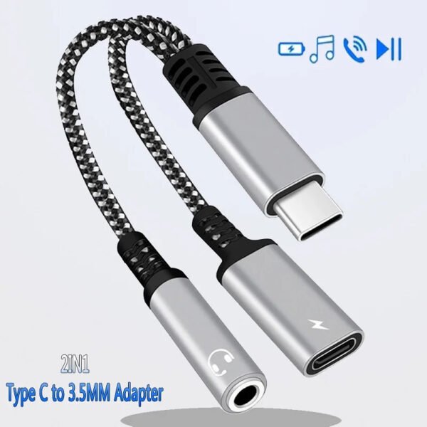 PD 60W USB Type C to 3.5mm Headphone and Charger Adapter 2-in-1 USB C to AUX Audio Jack Dongle Cable For Fast iphone 16 Samsung